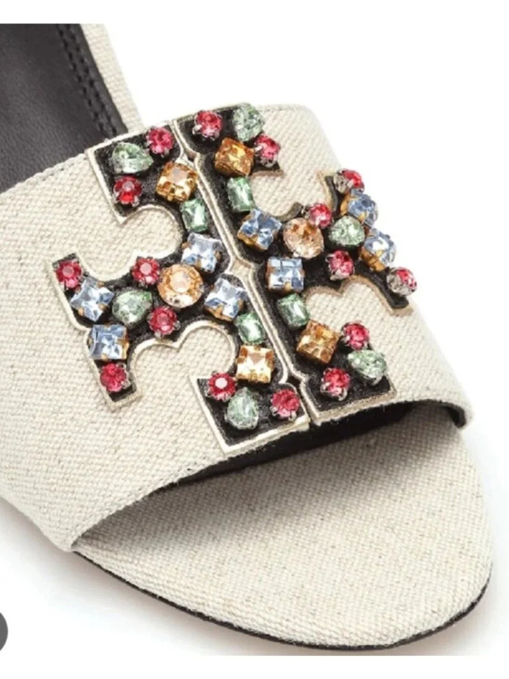 TORY BURCH Ines Embellished Linen Leather Mules 9.5 Rhinestone $300